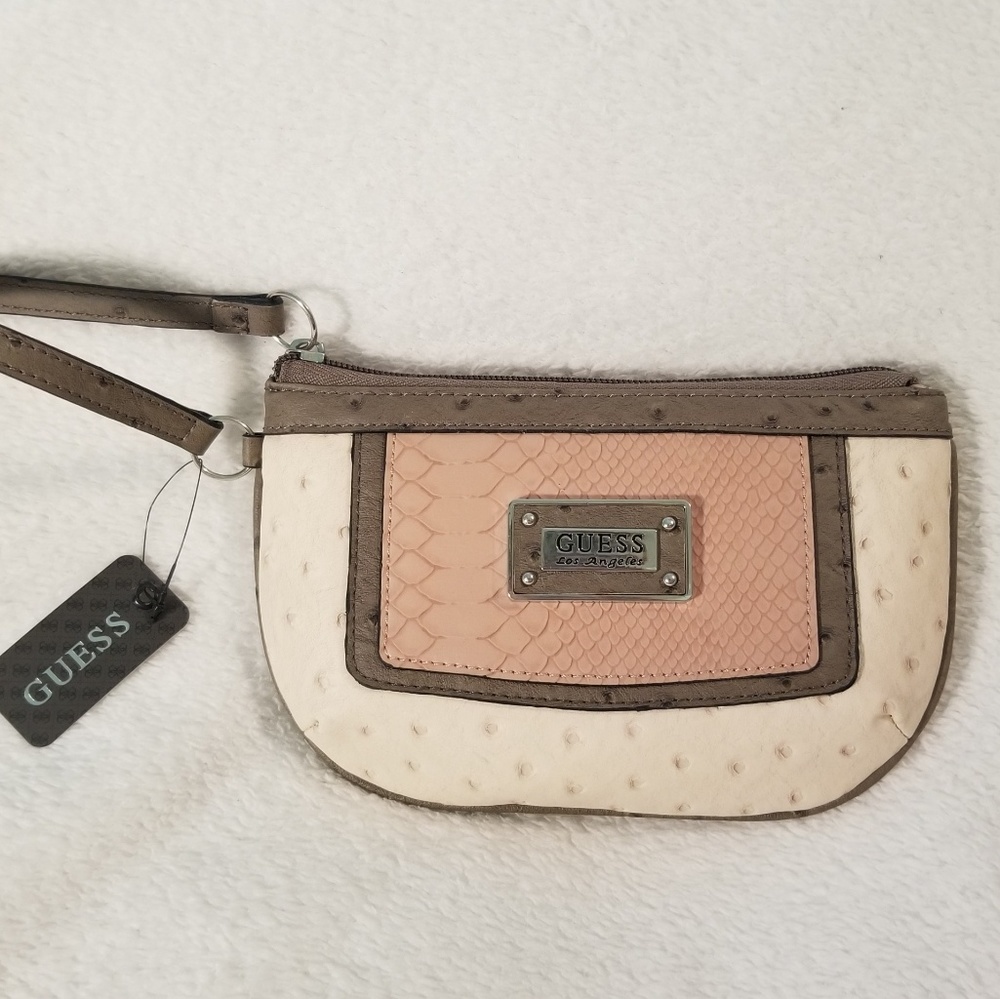 Guess NWT faux snakeskin beige wristlet